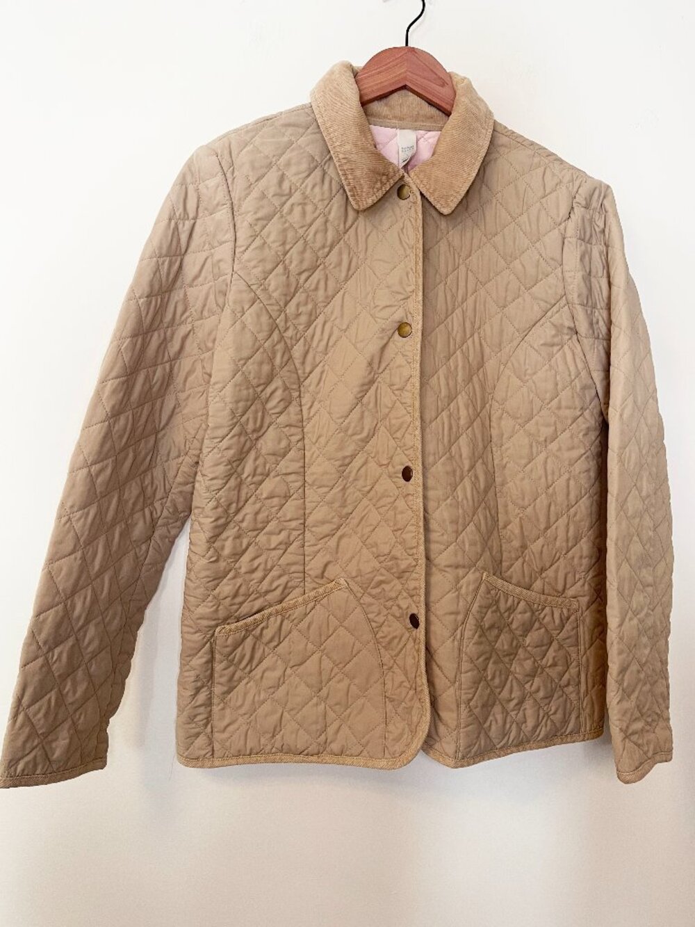 Old Navy Quilted Barn Jacket Coat Tan Corduroy Collar Pink Lining L